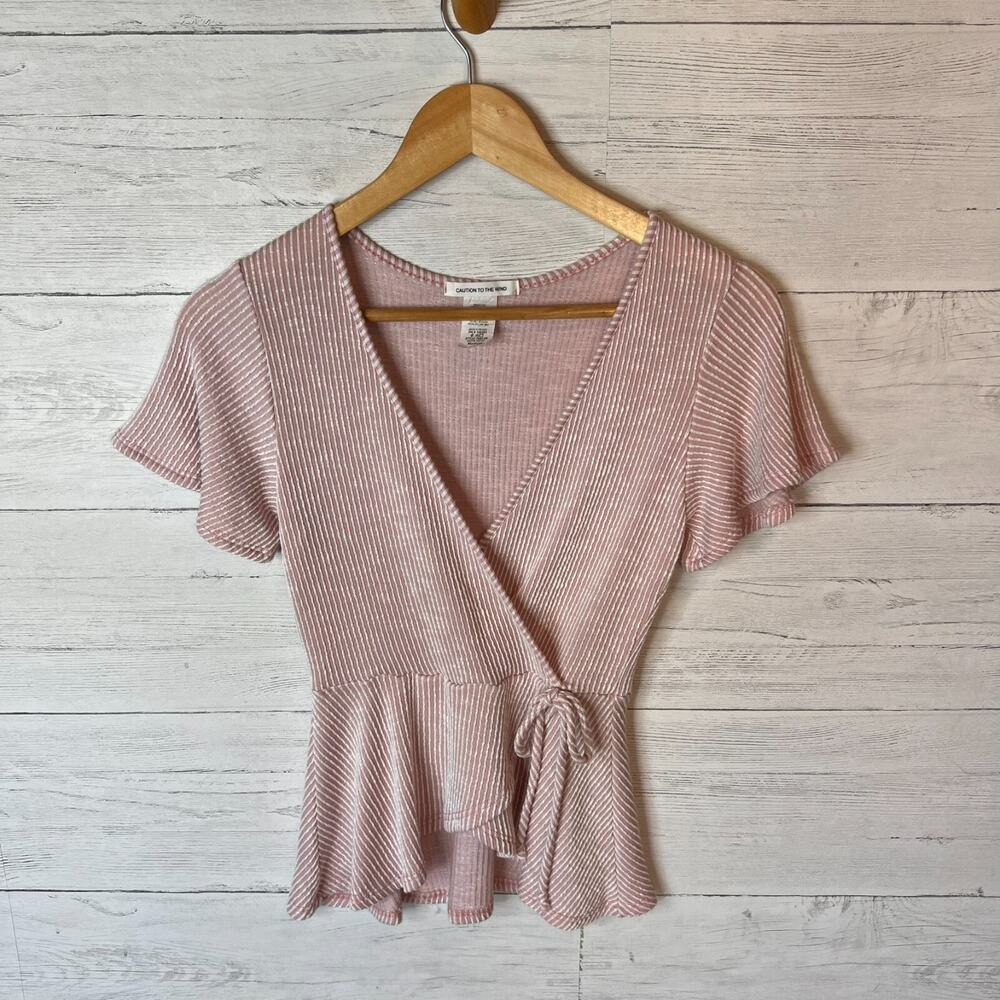 Caution to the Wind Blouse Womens SZ Medium Pink & White Stripe Faux Wrap Girly - Picture 3 of 16